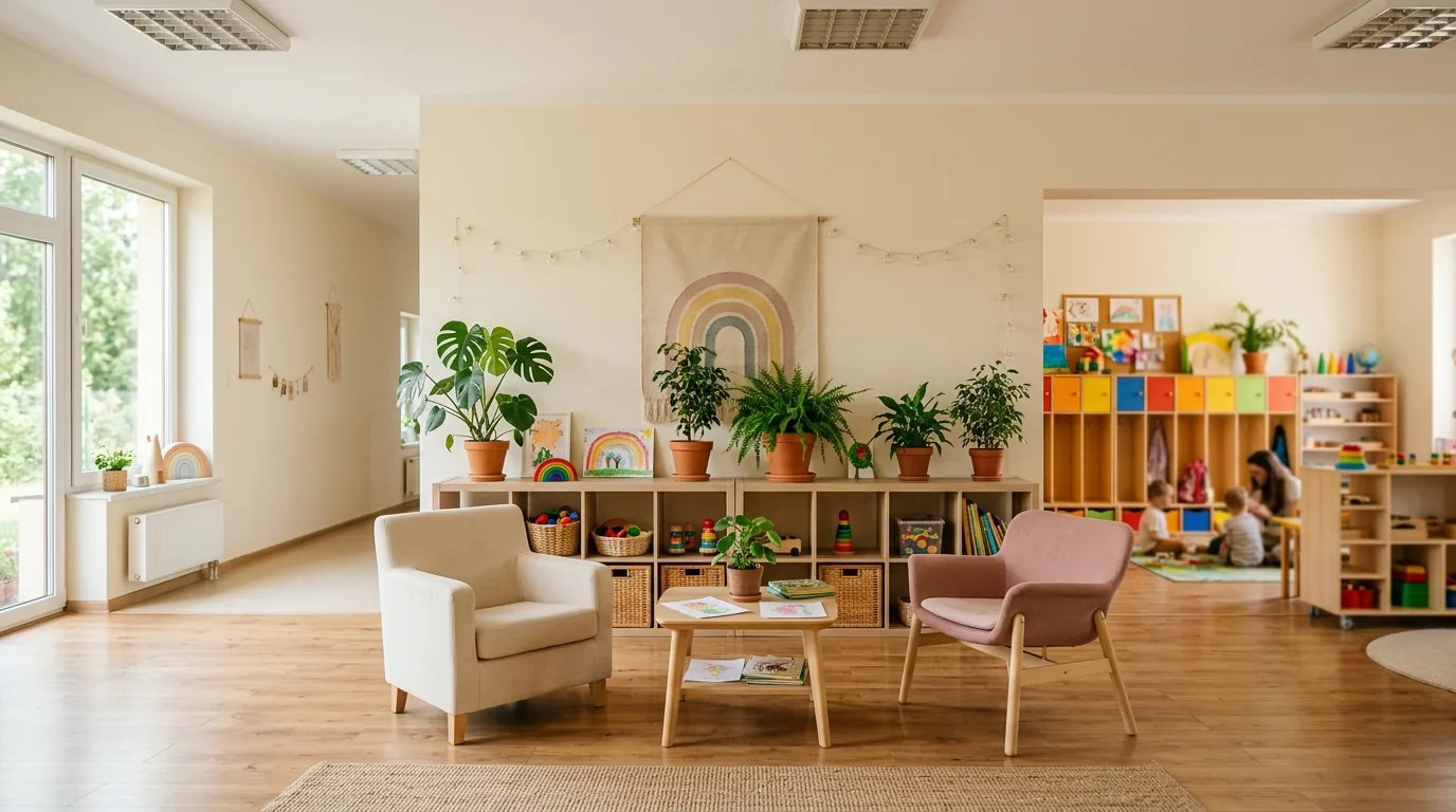 Przytulna przestrzeń przedszkola SUPERKIDS z fotelami, roślinami i kącikiem zabaw